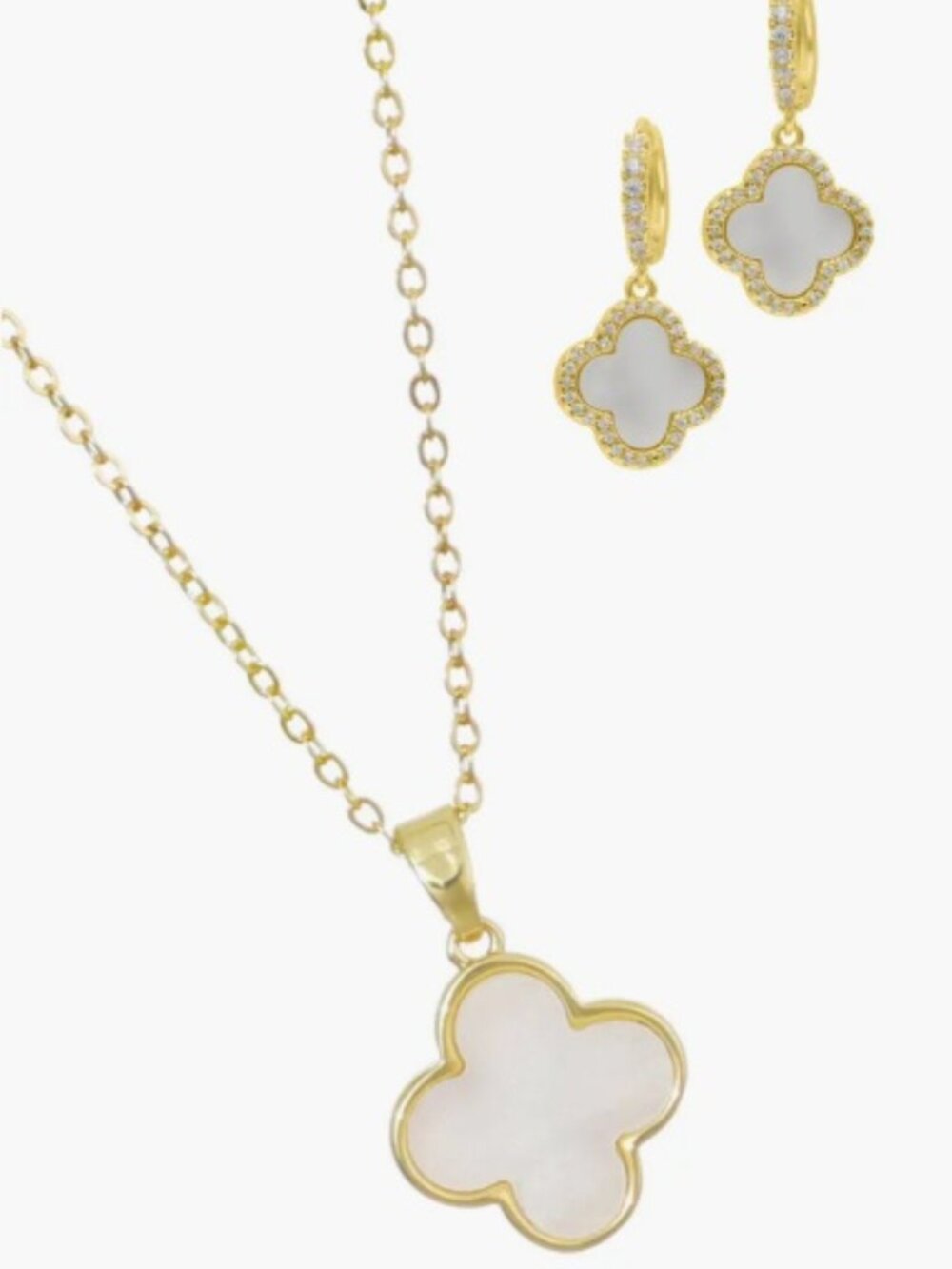 NEW Adornia Gold Clover Drop Huggie Hoop Earrings & Pendant Necklace Set